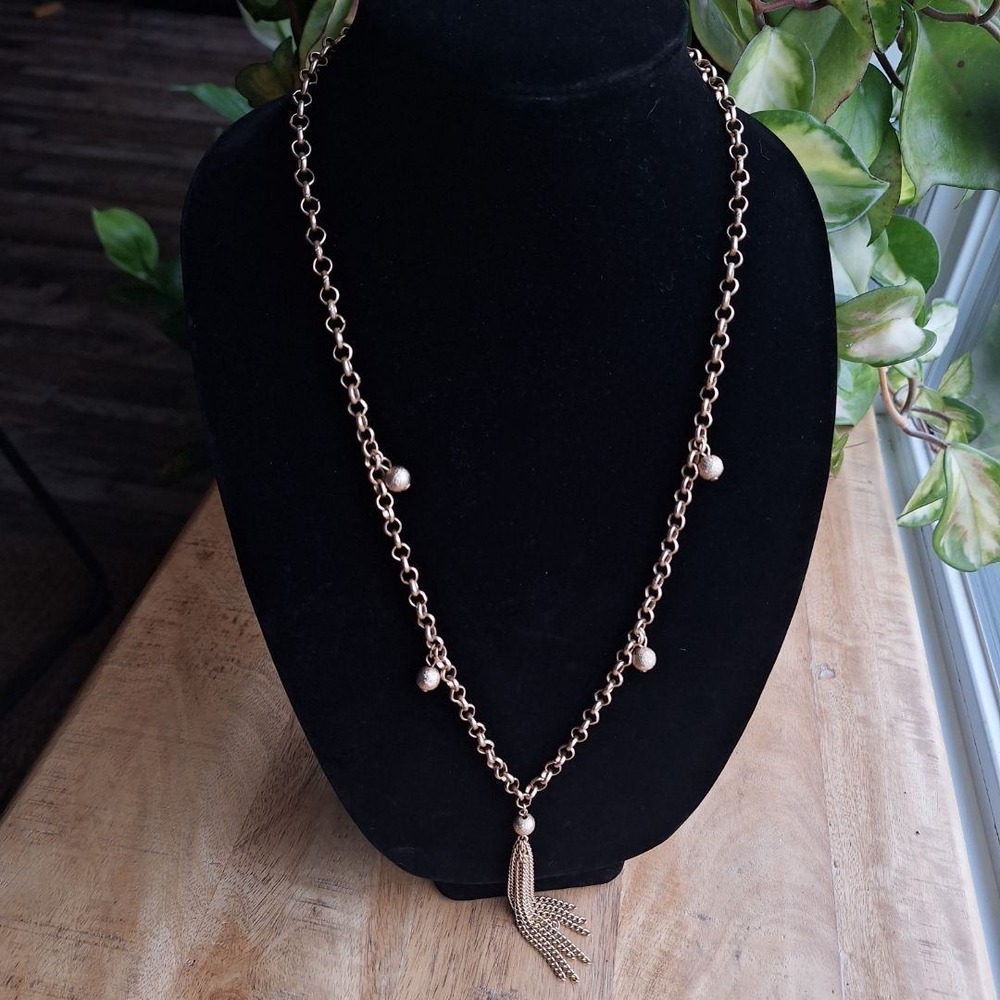 Gold Tone Chain Necklace with Tassel and Textured‎ Bead Accents